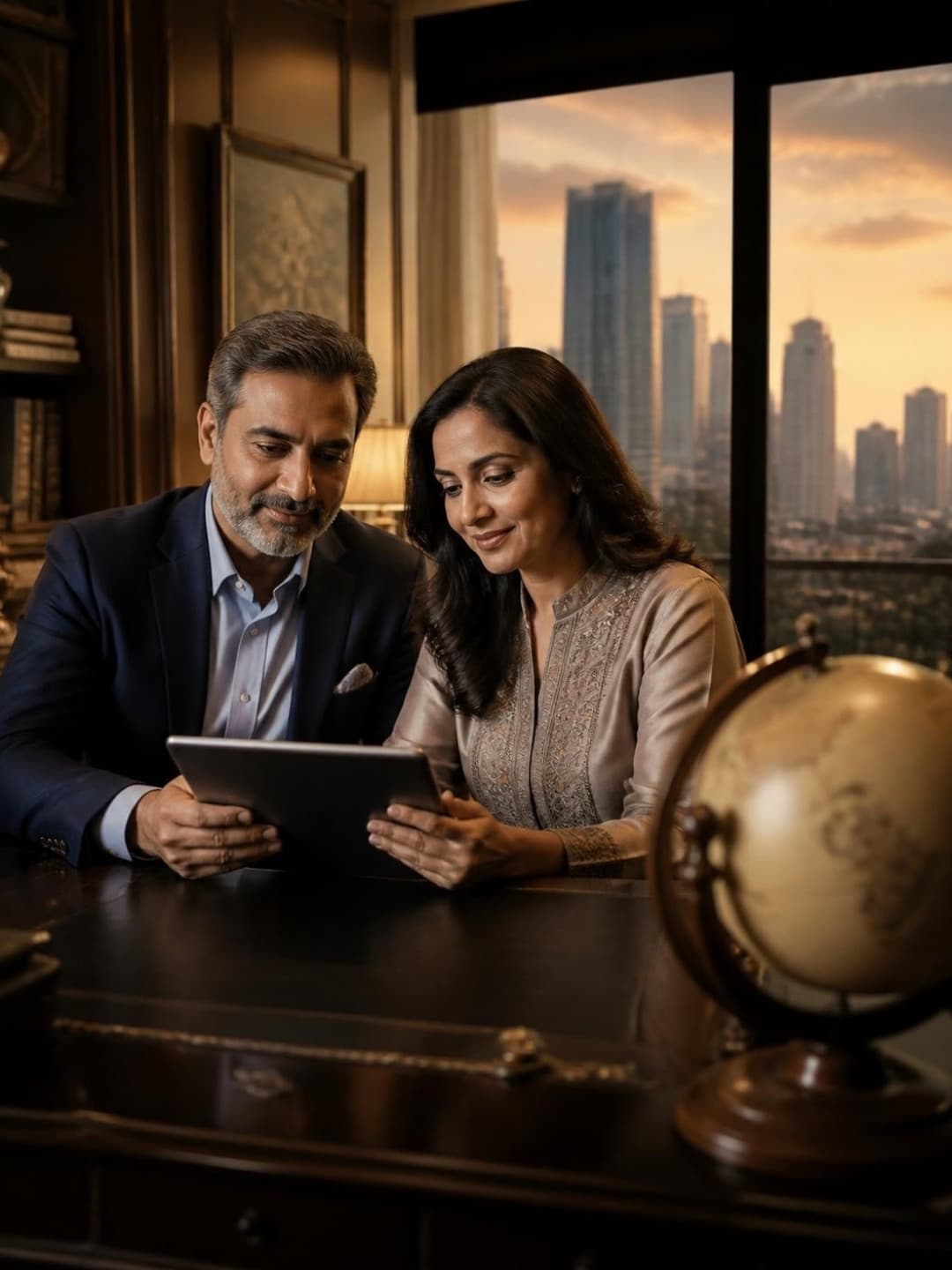 An Indian couple reviewing their global investment plans at home, with a globe on the desk