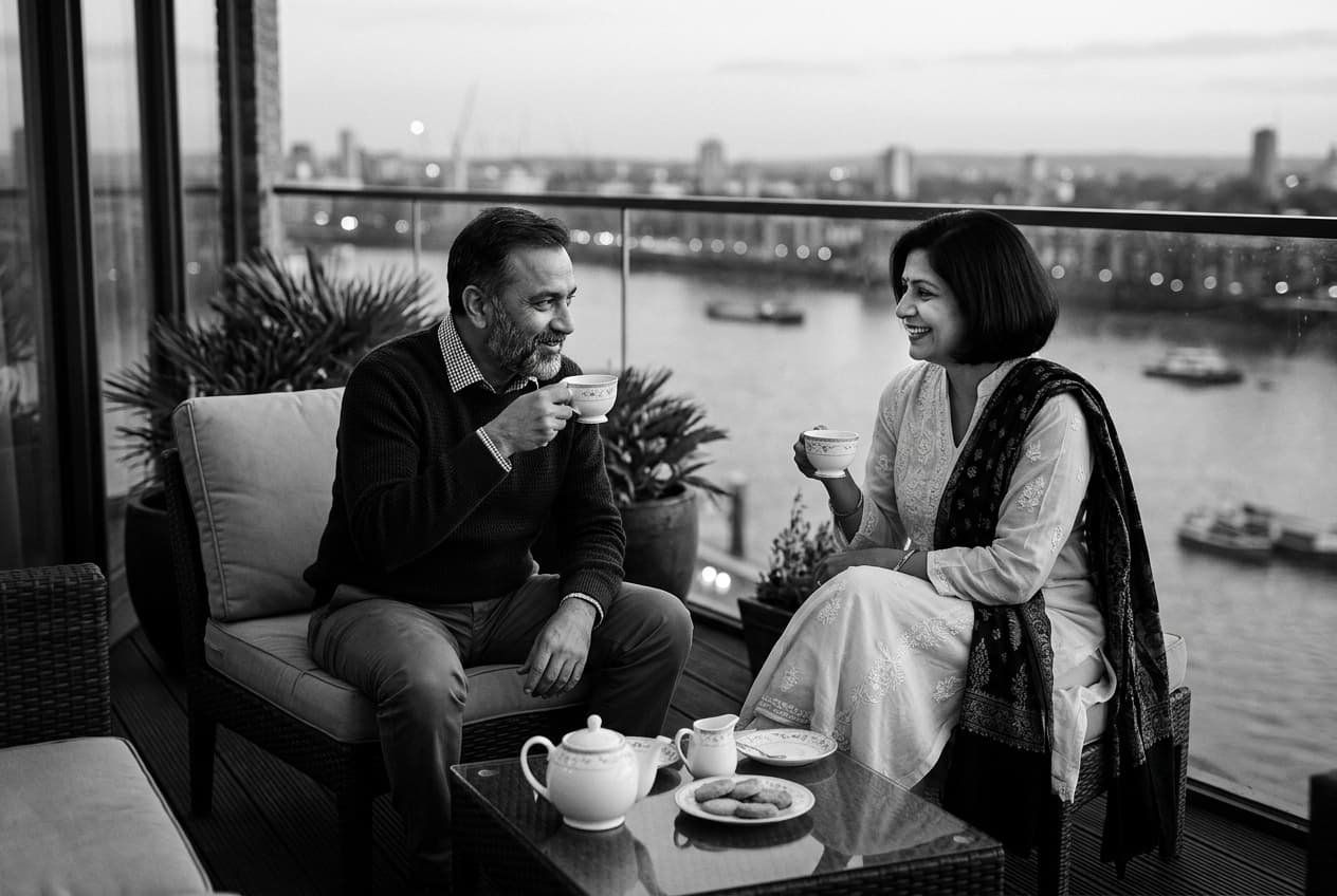 Relaxed Indian couple enjoying tea with predictable dividend income