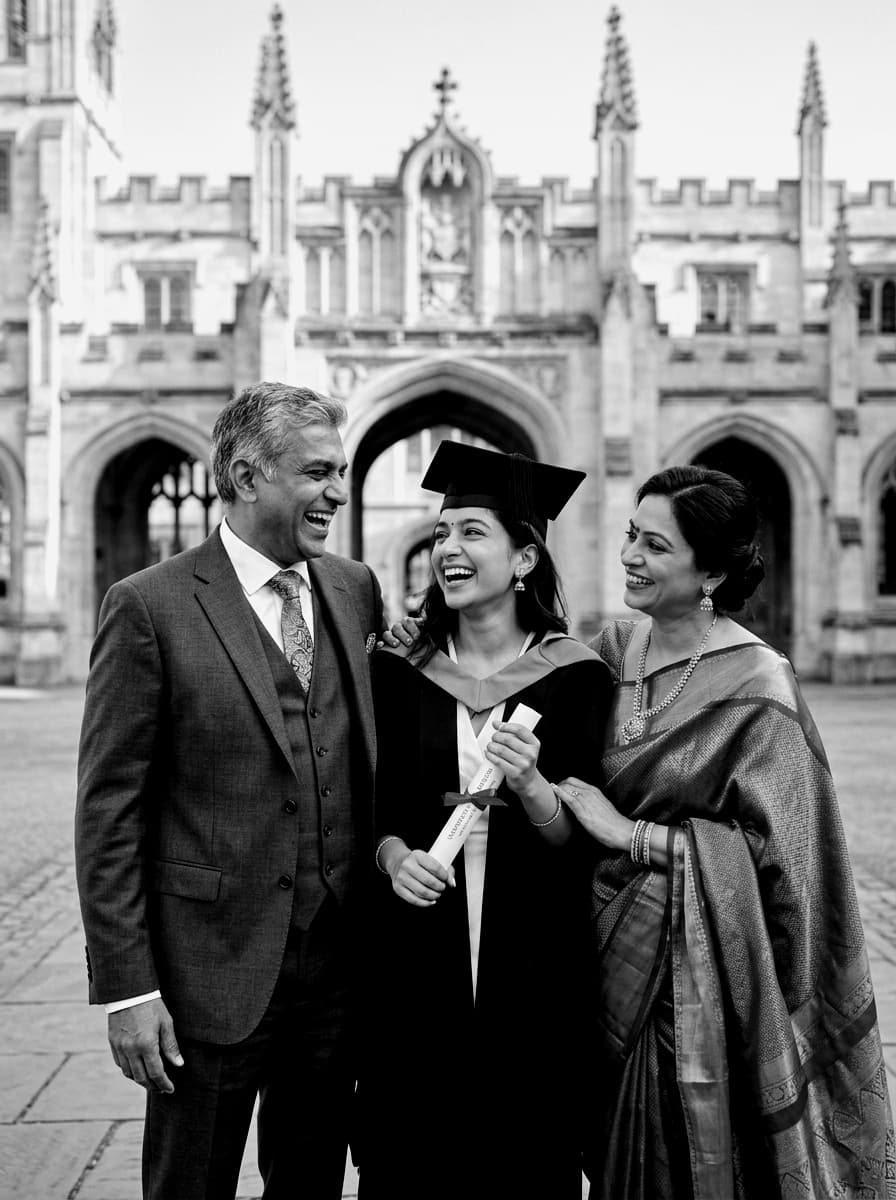 Proud Middle Aged Indian Parents Celebrating Daughter Foreign University Graduation in front of Heritage Campus - Aureva GIFT City